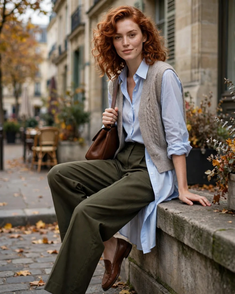 22 Modest Fall Outfits: Elegant and Chic Looks for Every Occasion 2 Longline Button-Down Shirt with Wide-Leg Trousers Modest Fall Outfit