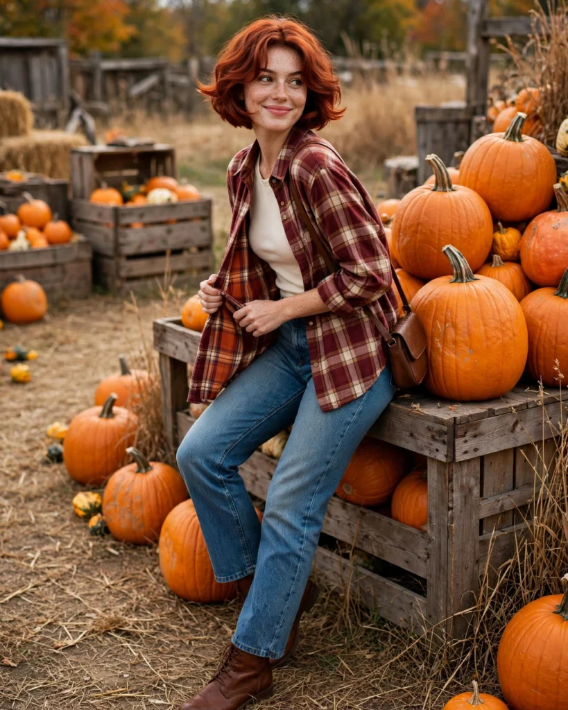 Plaid Shacket with Straight-Leg Jeans Pumpkin Patch Outfit