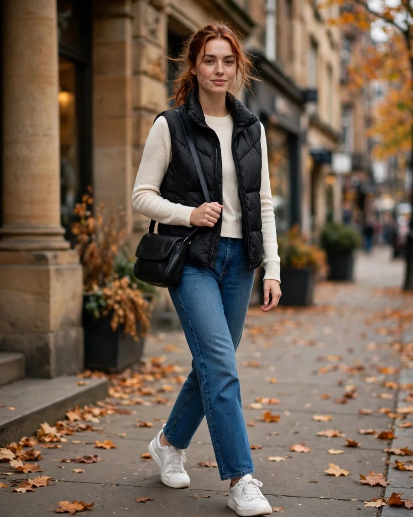 Puffer Vest with Straight-Leg Jeans Fall Vest Outfit