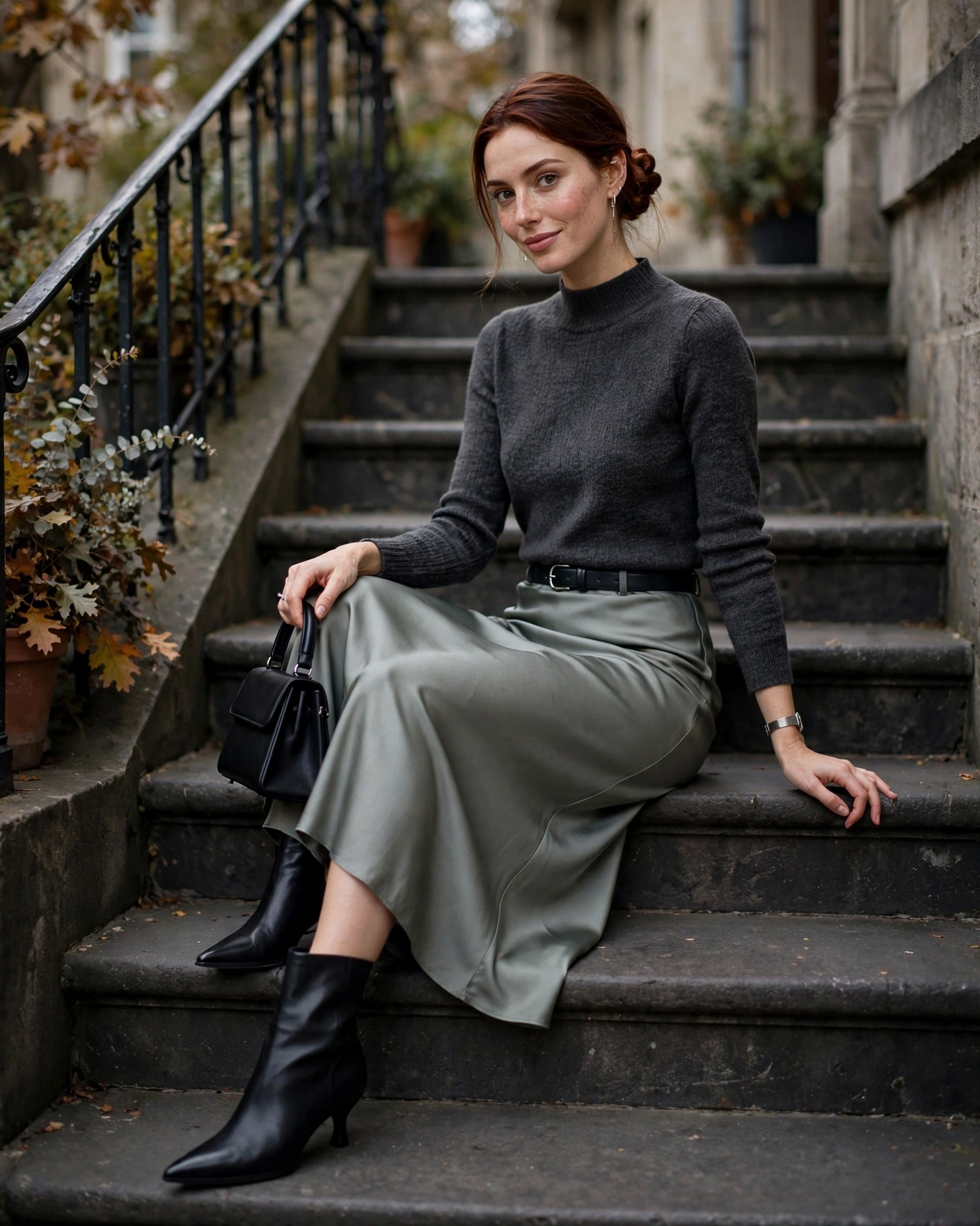 20 Midi Skirt Fall Outfits: Chic and Effortless Looks to Try 2 Satin Midi Skirt with a Fitted Mock-Neck Sweater Midi Skirt Fall Outfit
