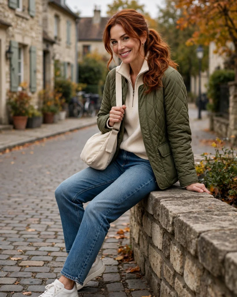 20 Fall Mom Outfits 2026: Cozy, Chic & Casual Ideas 2 School Drop-Off Outfit with Straight-Leg Jeans and a Half-Zip Sweater Fall Mom Outfit