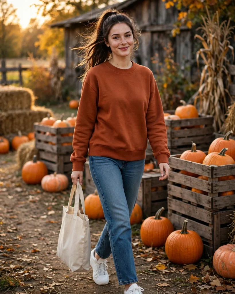 21 Casual Pumpkin Patch Outfits: Cute & Comfortable Fall Looks 2 Straight-Leg Jeans with a Cozy Crewneck Casual Pumpkin Patch Outfit