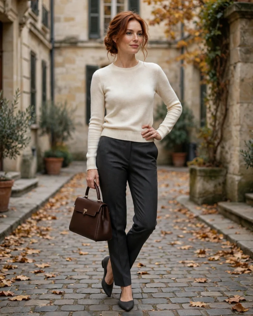 Tailored Trousers with a Fitted Sweater Fall Outfit for Women in Their 30s