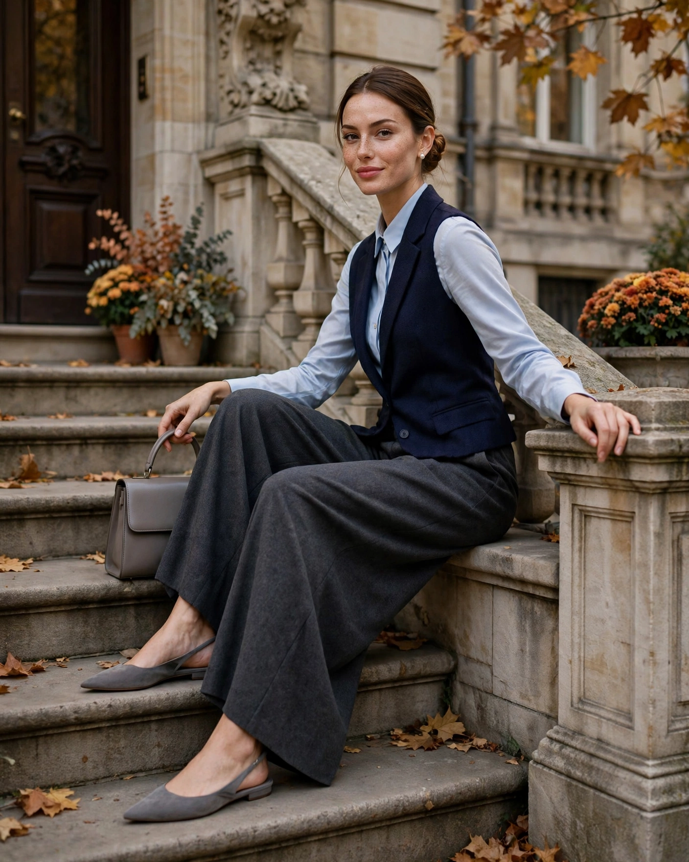 22 Classy Fall Outfits for Women: Elegant Looks to Wear This Season 2 Tailored Vest with Flowing Wide-Leg Trousers Classy Fall Outfit