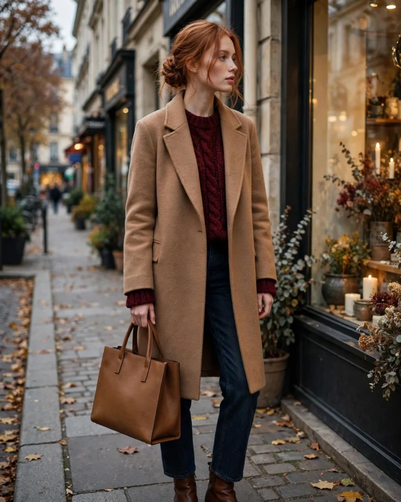 Wool Coat with a Chunky Sweater and Jeans Fall to Winter Outfit