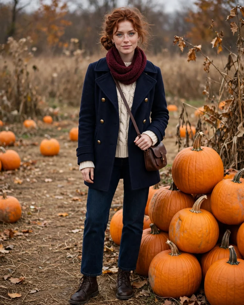 Wool Peacoat with a Cable-Knit Sweater Cold Pumpkin Patch Outfit