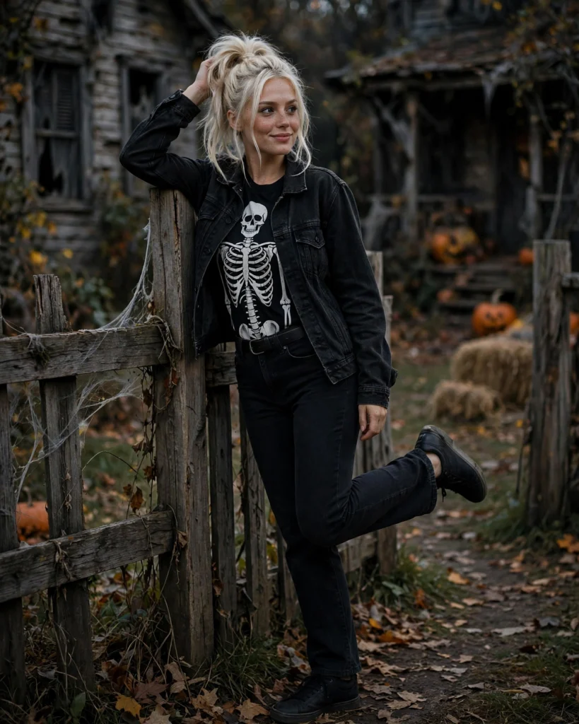 21 Haunted House Outfits for Women: Cute, Spooky & Comfortable Ideas 3 Black Jeans with a Spooky Graphic Tee Haunted House Outfit
