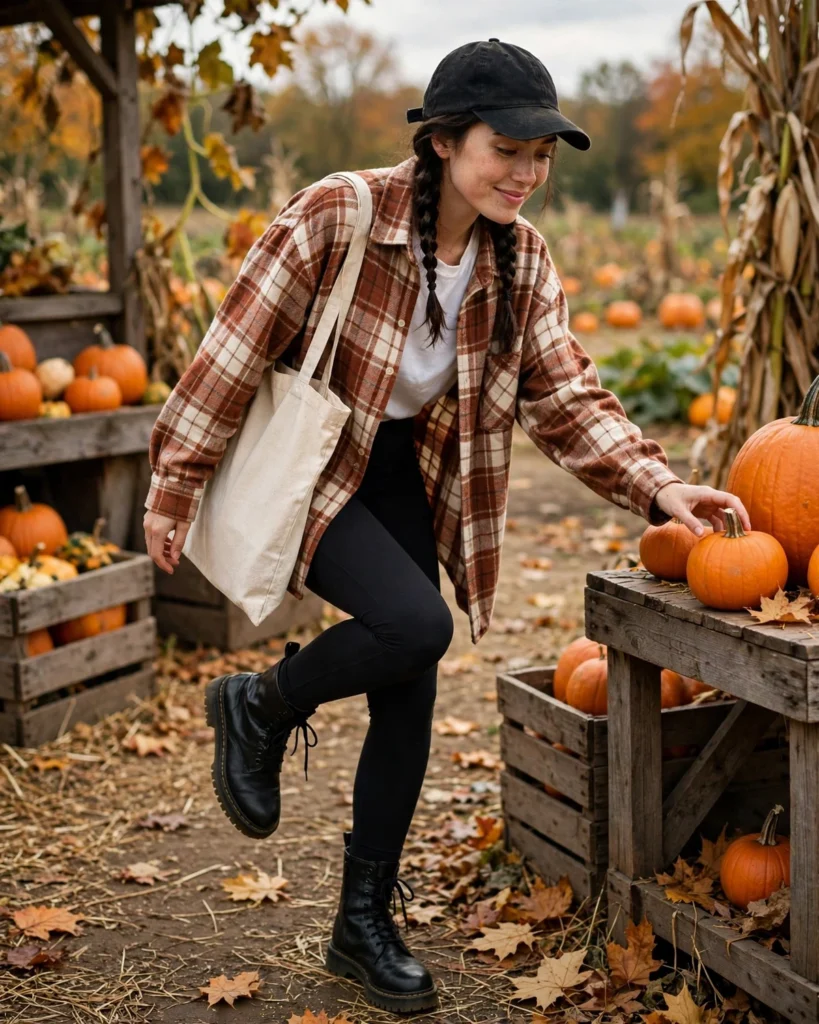 21 Pumpkin Patch Outfits with Black Boots: Cute & Chic Fall Looks 3 Black Leggings with an Oversized Flannel Shirt Pumpkin Patch Outfit with Black Boots
