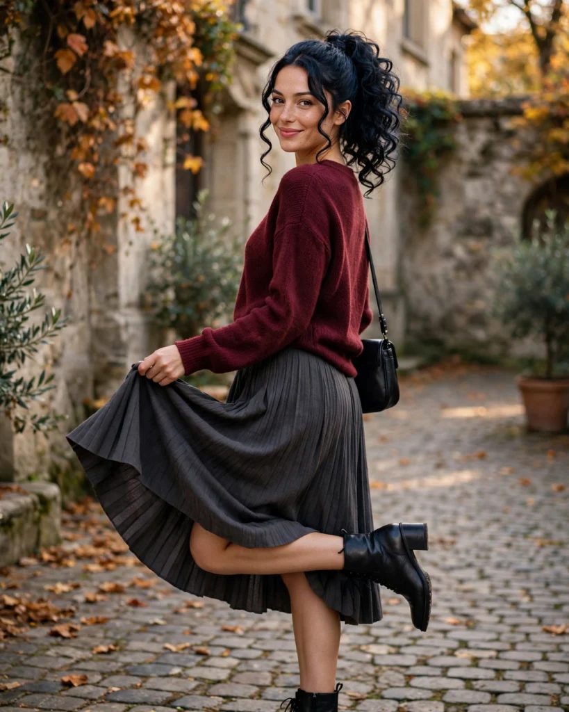 Burgundy Knit with a Pleated Midi Skirt Fall Fashion Outfit