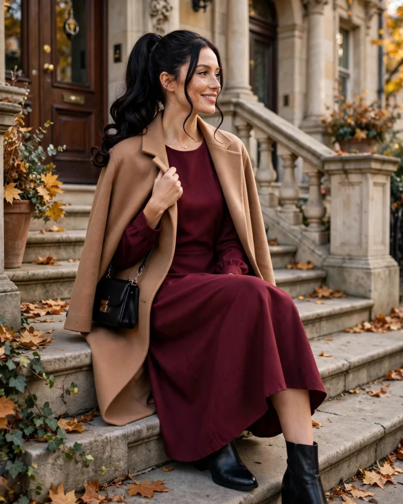 21 Nice Fall Outfits for 2026: Chic, Classy & Effortless Looks 3 Burgundy Midi Dress with a Camel Coat Nice Fall Outfit