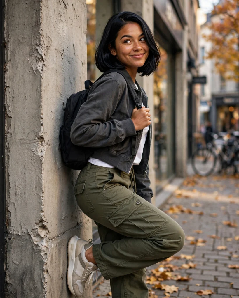 Cargo Pants with a Cropped Zip-Up Jacket Casual Fall Outfit