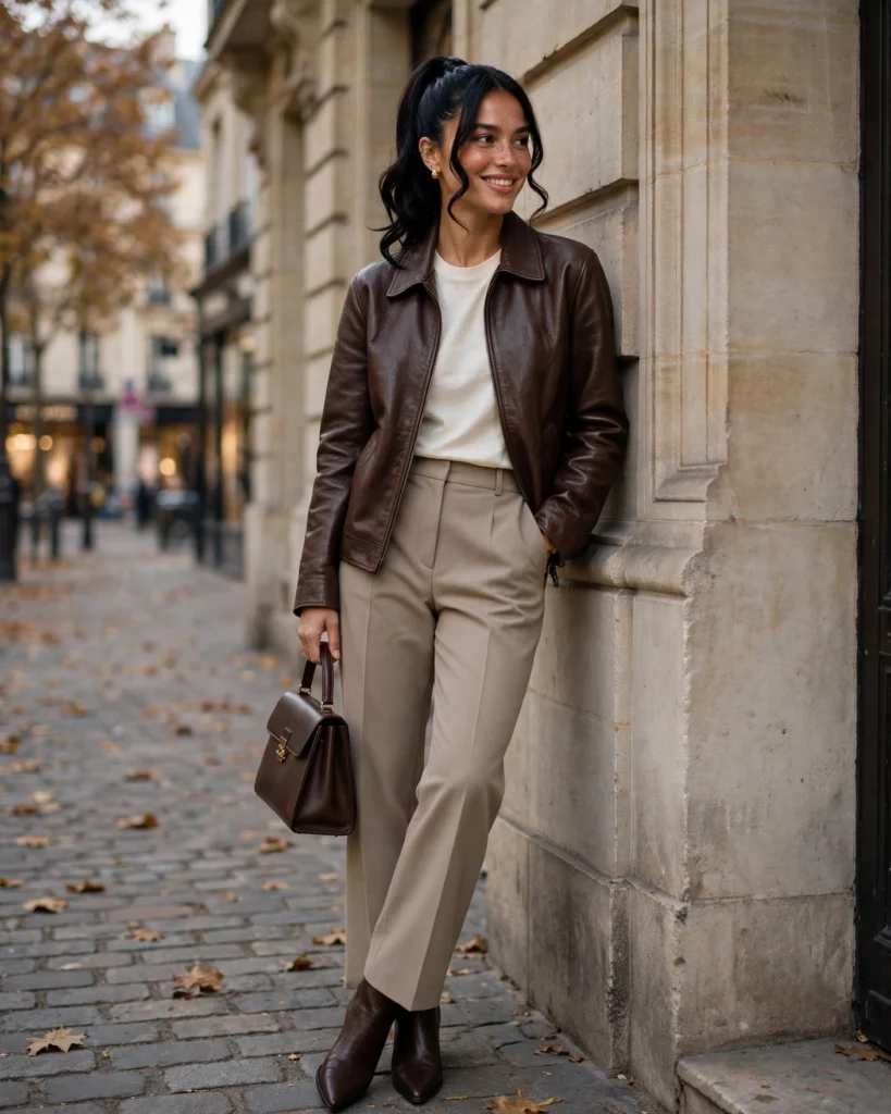 21 Must-Have Fall Outfits: Chic Looks to Wear All Season 3 Chocolate Brown Leather Jacket with Straight-Leg Trousers Must-Have Fall Outfit
