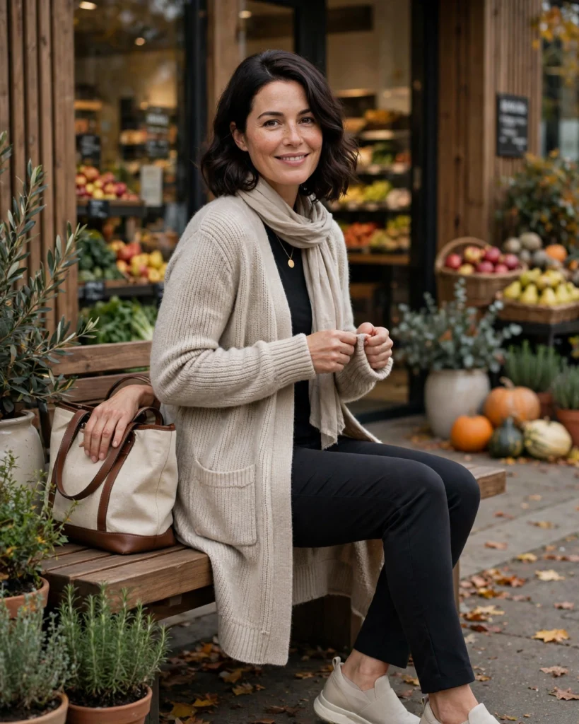 20 Fall Mom Outfits 2026: Cozy, Chic & Casual Ideas 3 Cozy Errands Outfit with a Longline Cardigan and Ponte Pants Fall Mom Outfit