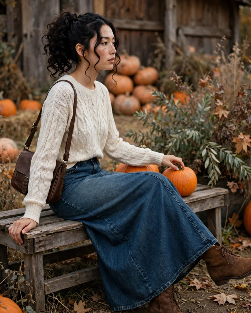 Cream Sweater with a Denim Maxi Skirt Pumpkin Patch Outfit