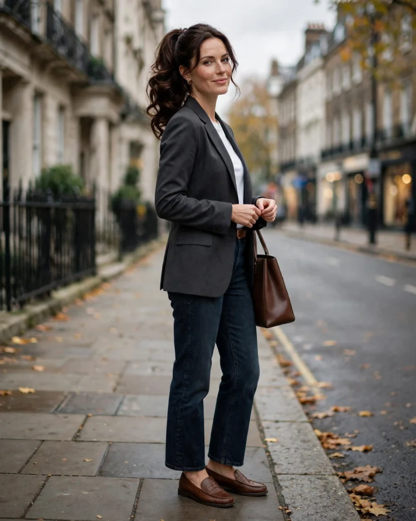 Dark Jeans with a Tailored Blazer Fall Outfit for Women in Their 30s