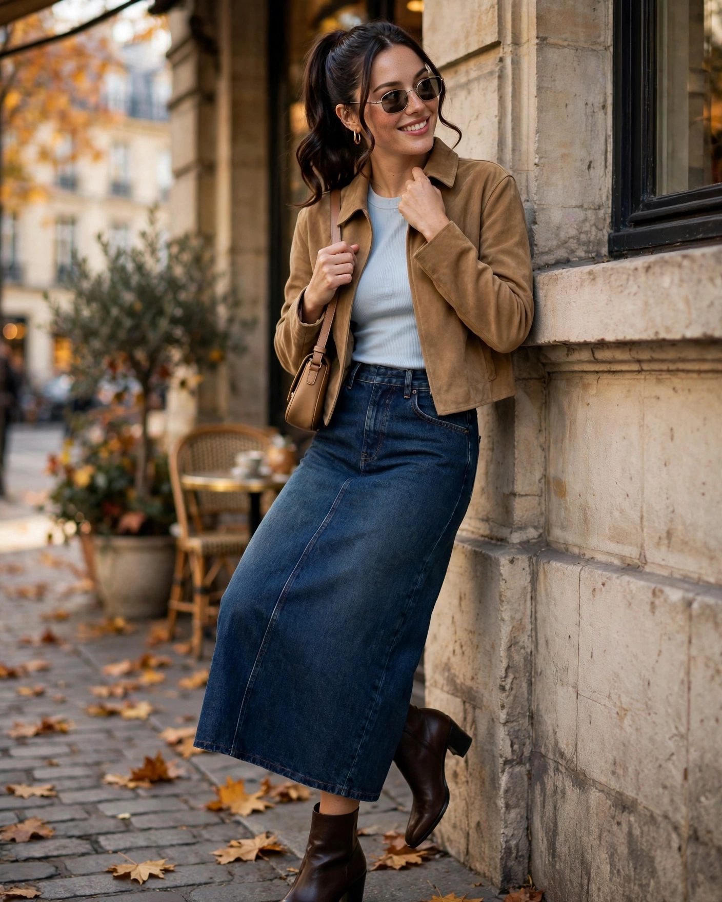 20 Midi Skirt Fall Outfits: Chic and Effortless Looks to Try 3 Denim Midi Skirt with a Cropped Suede Jacket Midi Skirt Fall Outfit