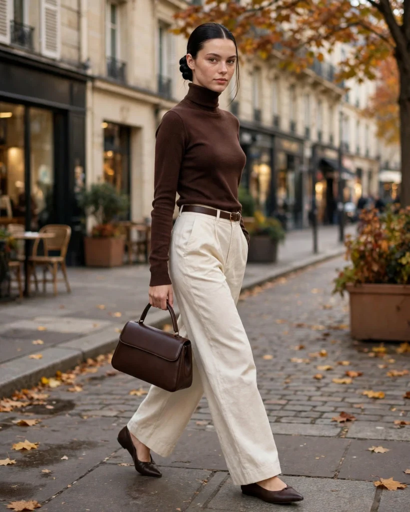 Fitted Turtleneck Sweater with Wide-Leg Trousers Fall Sweater Outfit