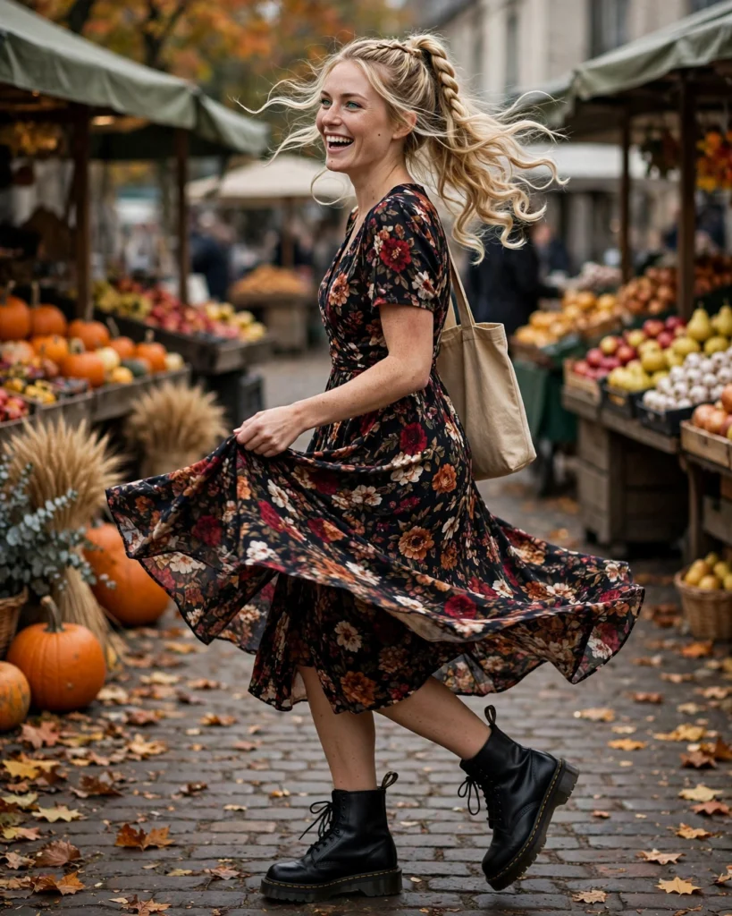 Floral Midi Dress with Black Doc Martens Doc Martens Fall Outfit