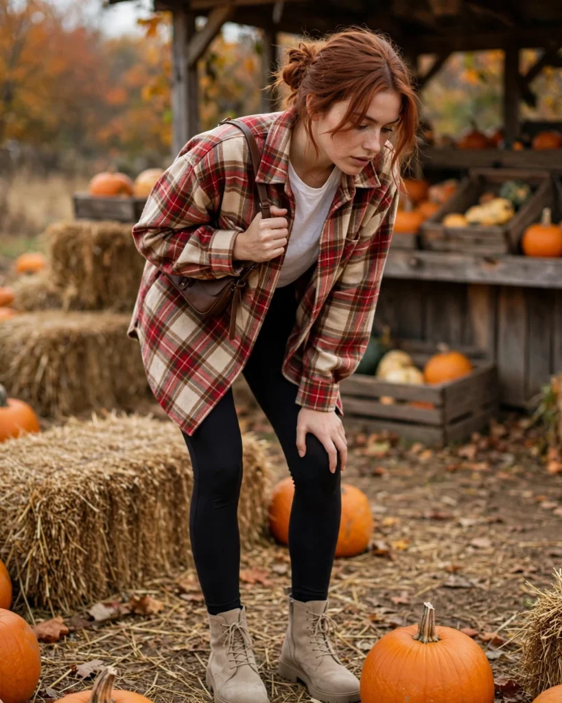 21 Casual Pumpkin Patch Outfits: Cute & Comfortable Fall Looks 3 Leggings with an Oversized Flannel Shirt Casual Pumpkin Patch Outfit