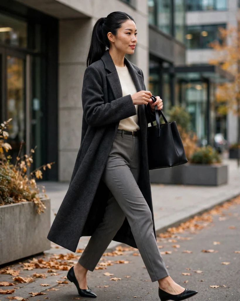 Long Wool Coat with Tailored Trousers Fall Coat Outfit
