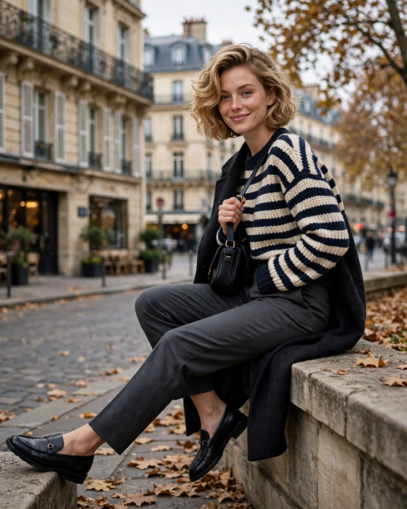 Paris Sightseeing Outfit with a Striped Knit and Tailored Pants Fall Travel Outfit
