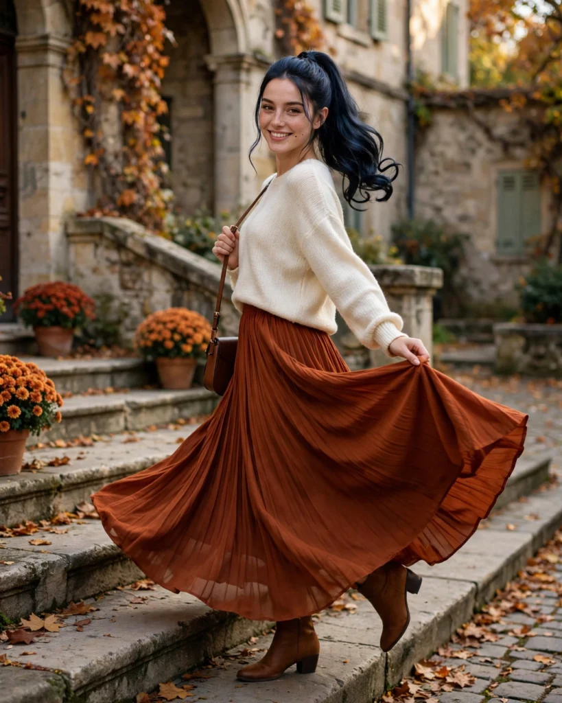 22 Modest Fall Outfits: Elegant and Chic Looks for Every Occasion 3 Pleated Maxi Skirt with a Relaxed Knit Top Modest Fall Outfit