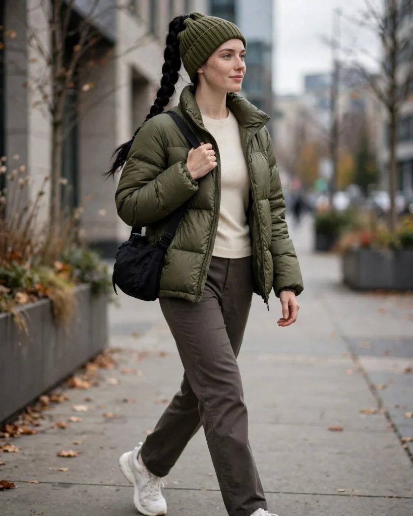 Puffer Jacket with Straight-Leg Trousers Fall to Winter Outfit