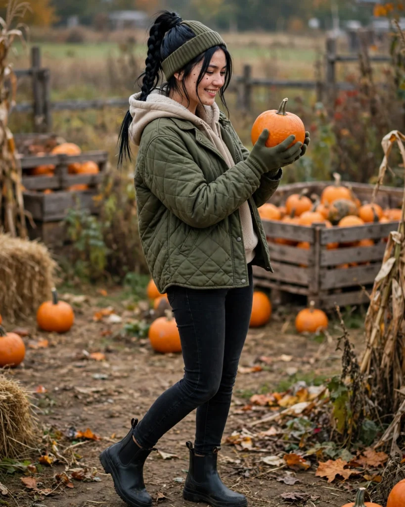 Quilted Barn Jacket with a Fleece-Lined Hoodie Cold Pumpkin Patch Outfit