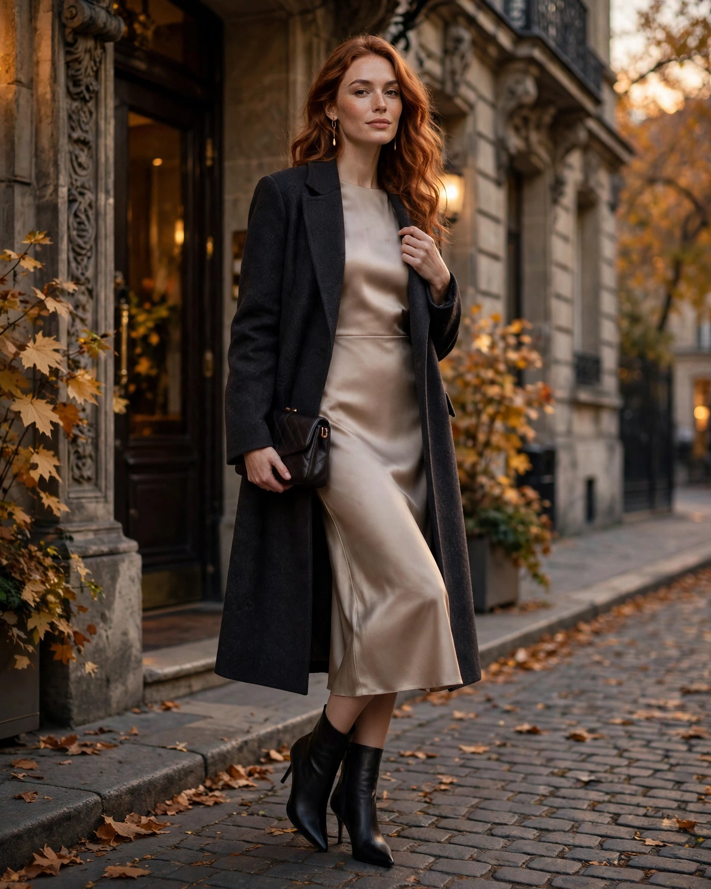 22 Classy Fall Outfits for Women: Elegant Looks to Wear This Season 3 Satin Midi Dress with a Structured Coat Classy Fall Outfit