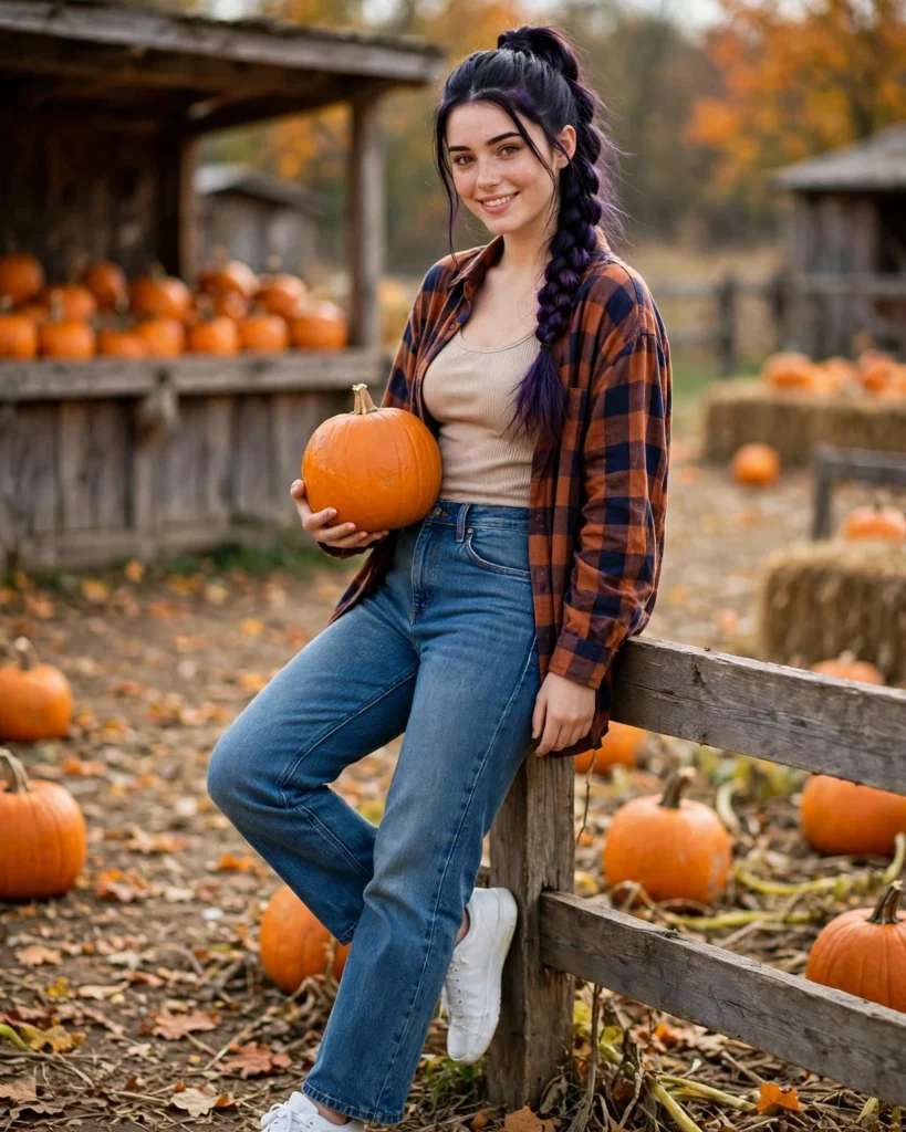 Straight-Leg Jeans with a Plaid Shirt Pumpkin Patch Outfit with Jeans