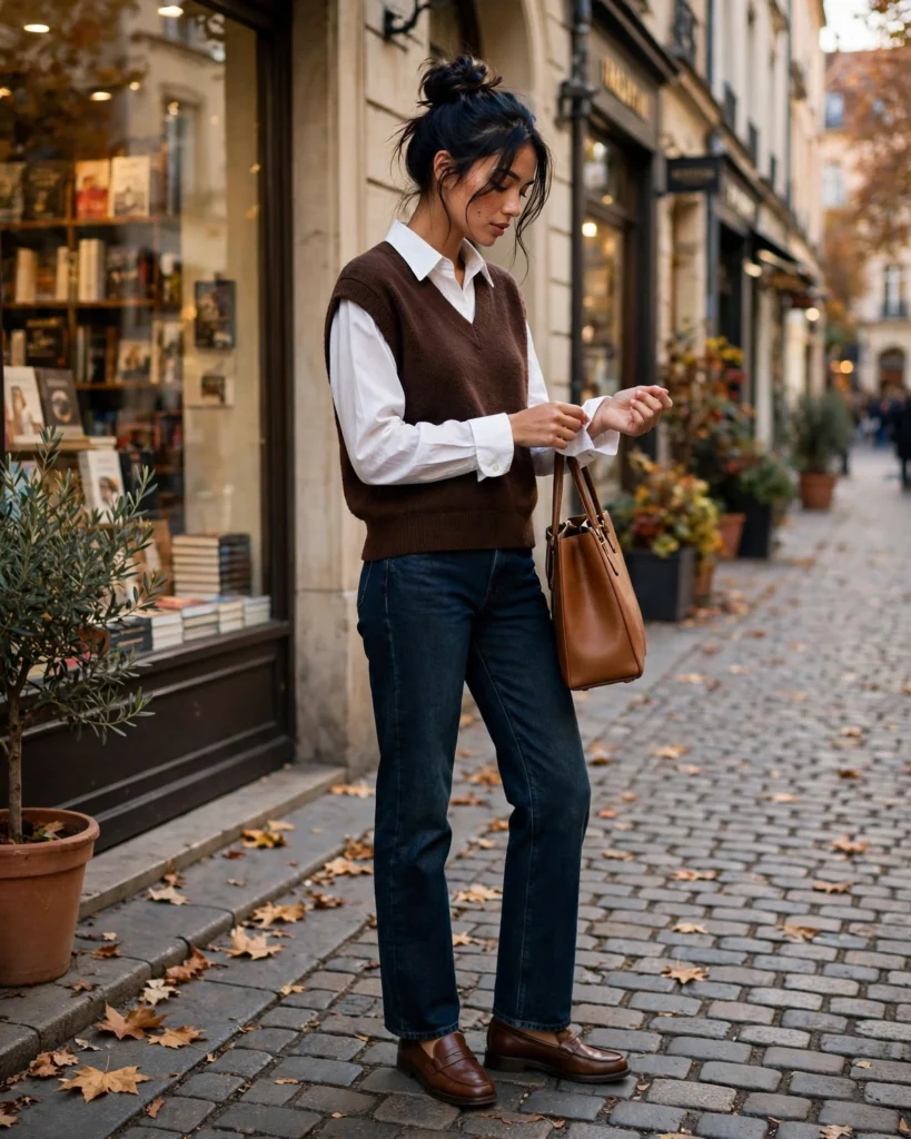 Sweater Vest with a White Button-Down Shirt Fall Vest Outfit