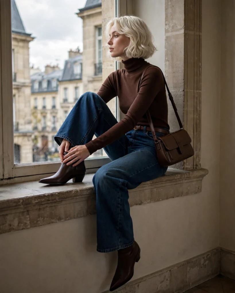 Wide-Leg Jeans with a Fitted Turtleneck Fall Jeans Outfit