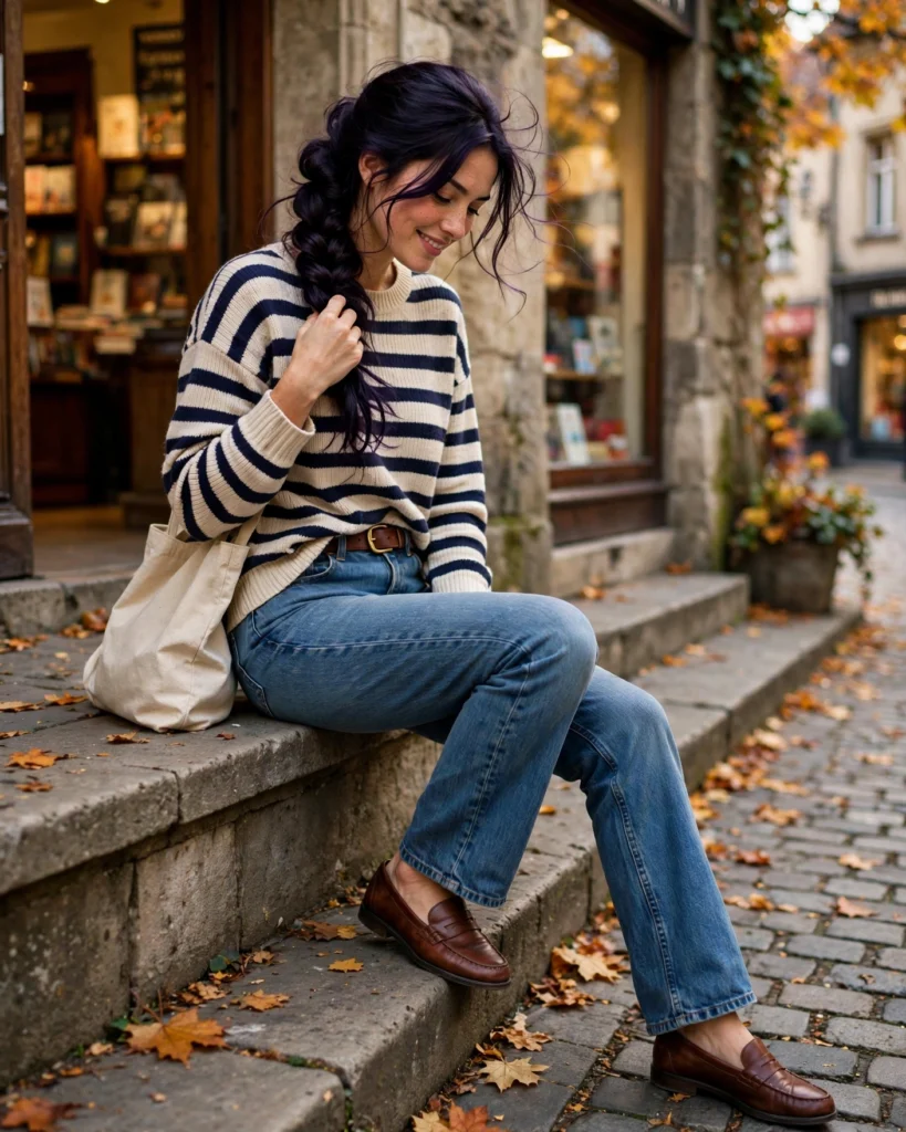 Blue Jeans with a Striped Sweater Fall Jeans Outfit