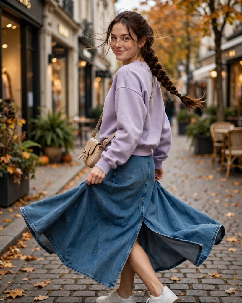 Denim Maxi Skirt with a Casual Sweatshirt Casual Fall Outfit