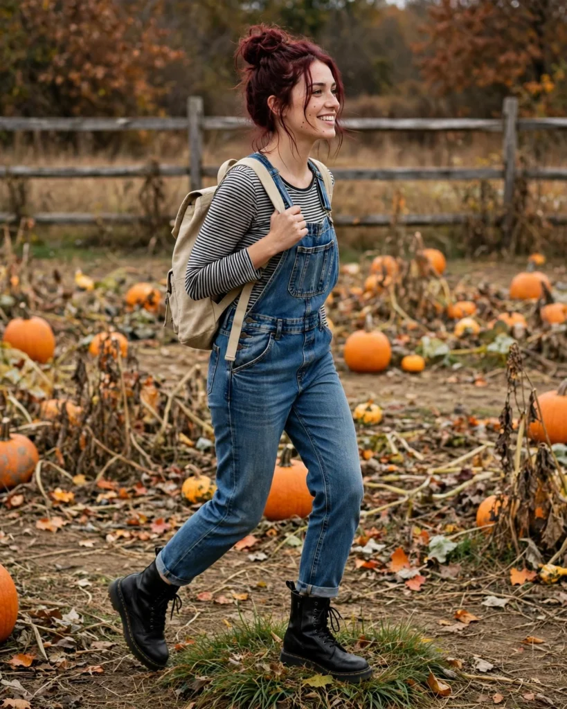 21 Pumpkin Patch Outfits with Black Boots: Cute & Chic Fall Looks 4 Denim Overalls with Black Combat Boots Pumpkin Patch Outfit with Black Boots