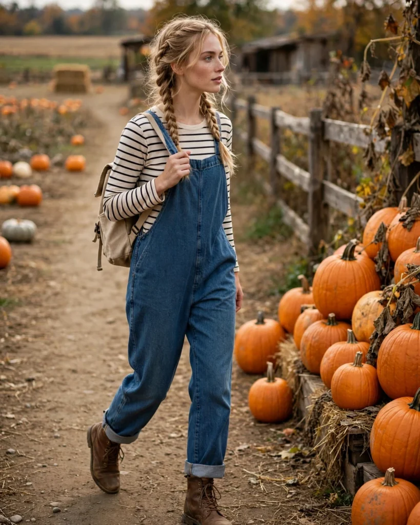21 Casual Pumpkin Patch Outfits: Cute & Comfortable Fall Looks 4 Denim Overalls with a Striped Long-Sleeve Tee Casual Pumpkin Patch Outfit
