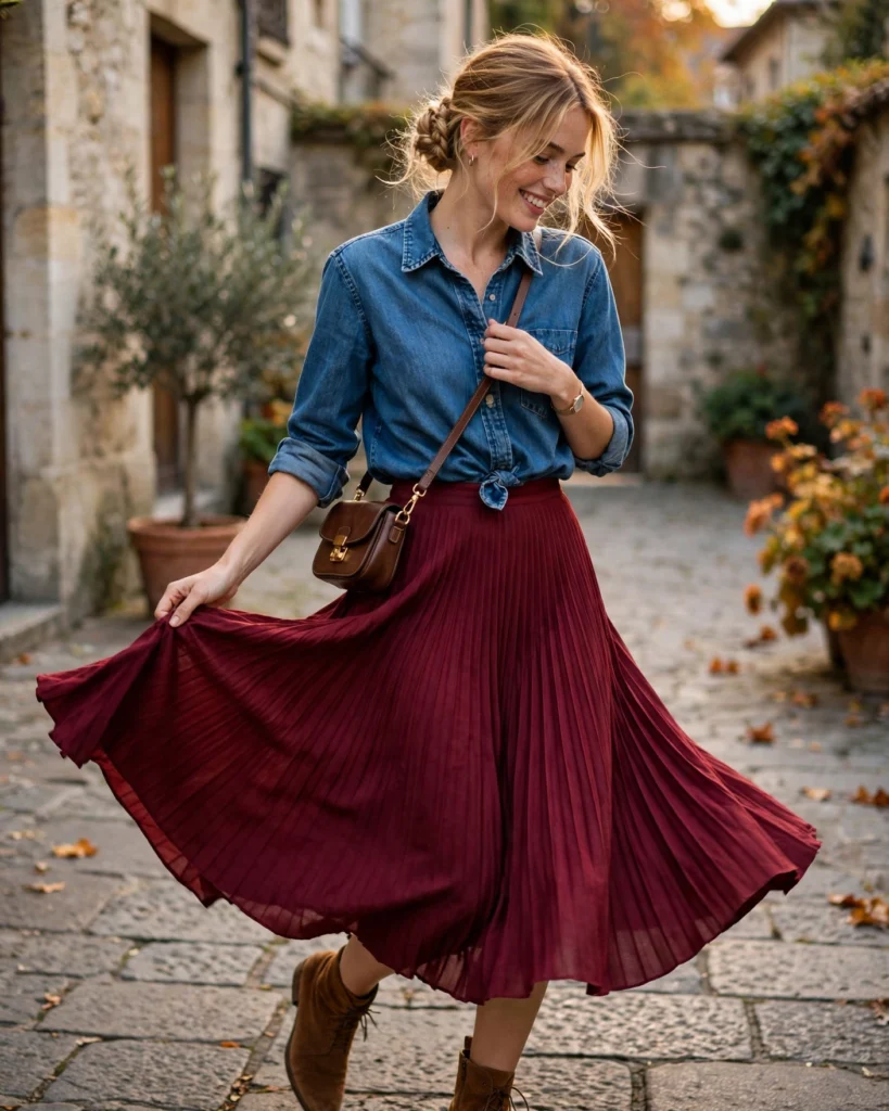 21 Must-Have Fall Outfits: Chic Looks to Wear All Season 4 Denim Shirt with a Pleated Midi Skirt Must-Have Fall Outfit