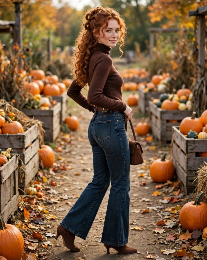 Flare Jeans with a Fitted Turtleneck Pumpkin Patch Outfit with Jeans