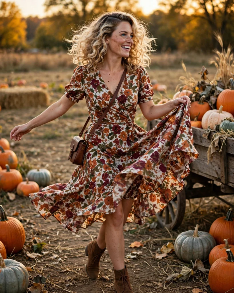 Floral Midi Dress with Ankle Boots Pumpkin Patch Outfit