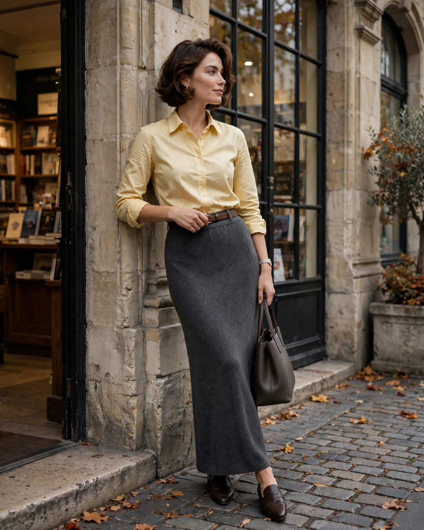 20 Knit Skirt Outfits for Fall: Cozy and Chic Looks to Try 4 Knit Maxi Skirt with a Fitted Button-Up Shirt Knit Skirt Fall Outfit