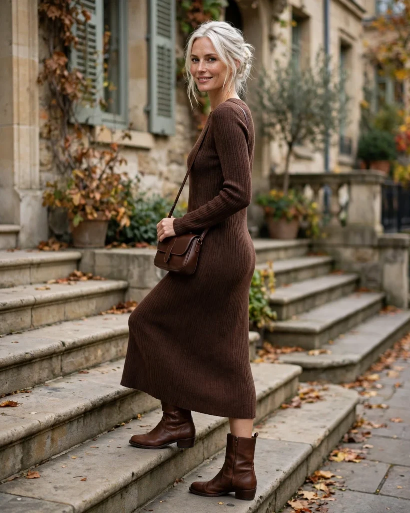 Knit Midi Dress with Ankle Boots Fall Outfit for Women in Their 30s