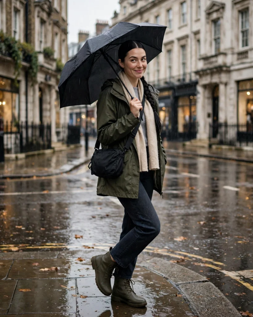 London Rainy-Day Outfit with a Waterproof Jacket Fall Travel Outfit