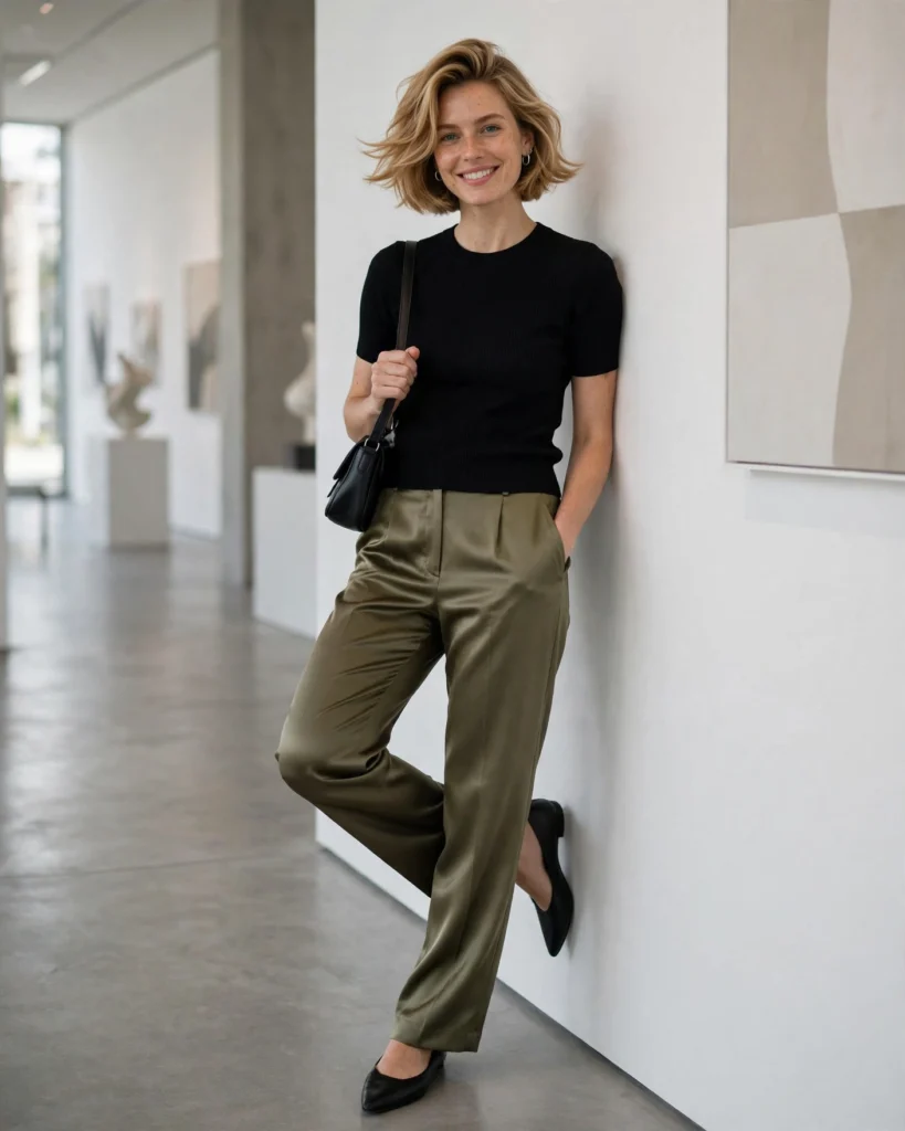 21 Nice Fall Outfits for 2026: Chic, Classy & Effortless Looks 4 Olive Satin Trousers with a Black Knit Top Nice Fall Outfit
