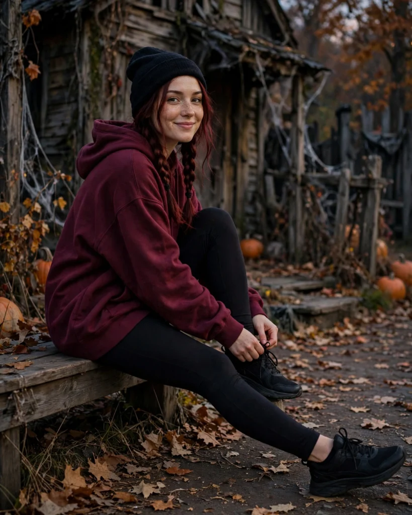 21 Haunted House Outfits for Women: Cute, Spooky & Comfortable Ideas 4 Oversized Hoodie with Leggings Haunted House Outfit