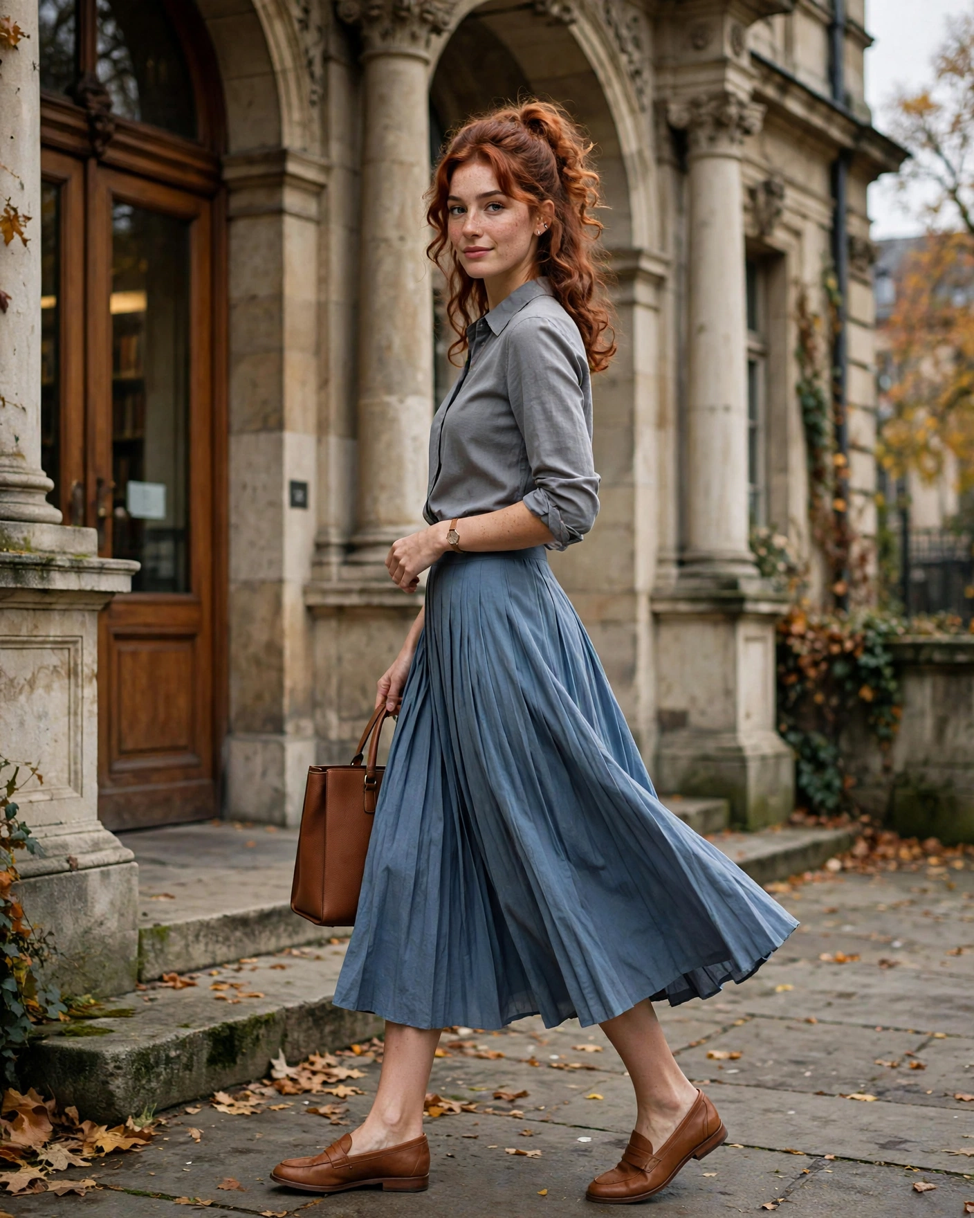20 Midi Skirt Fall Outfits: Chic and Effortless Looks to Try 4 Pleated Midi Skirt with a Fitted Button-Down Midi Skirt Fall Outfit