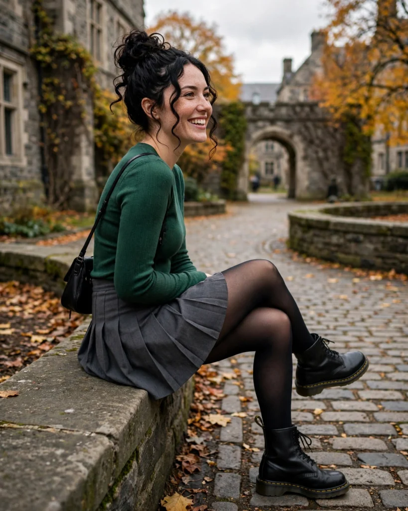 Pleated Mini Skirt with Tights and Doc Martens Doc Martens Fall Outfit