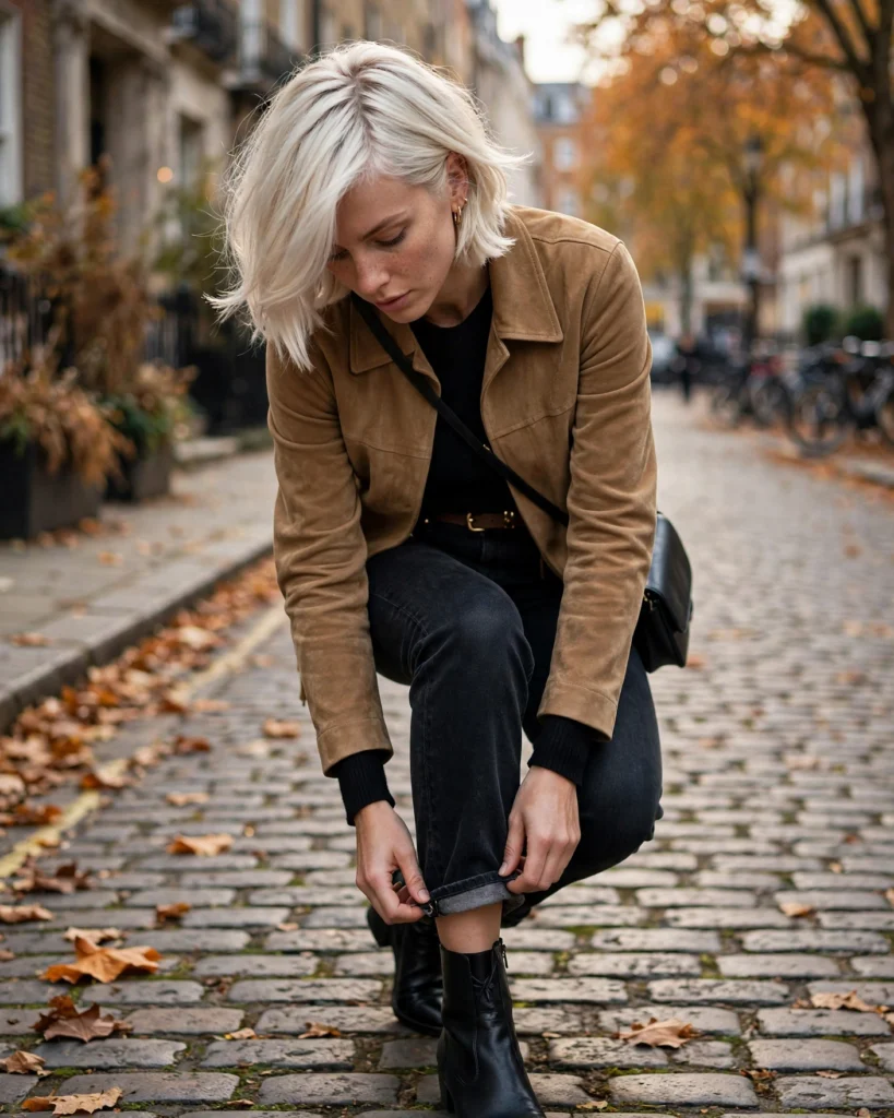 Suede Jacket with a Knit Top and Dark Denim Cozy Autumn Outfit