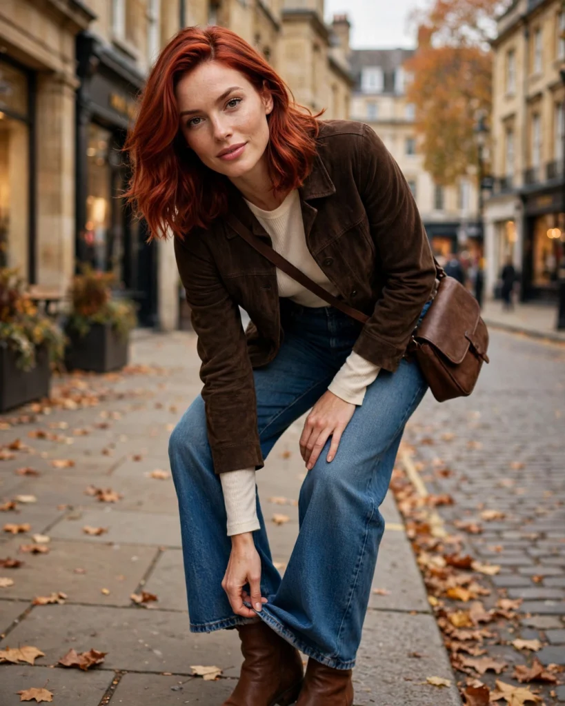 Suede Jacket with Wide-Leg Jeans Fall Fashion Outfit
