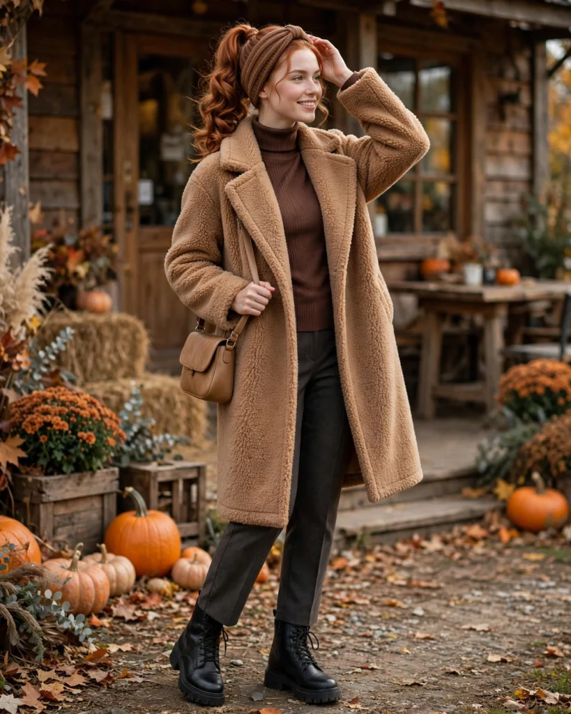 Teddy Coat with a Ribbed Turtleneck Cold Pumpkin Patch Outfit
