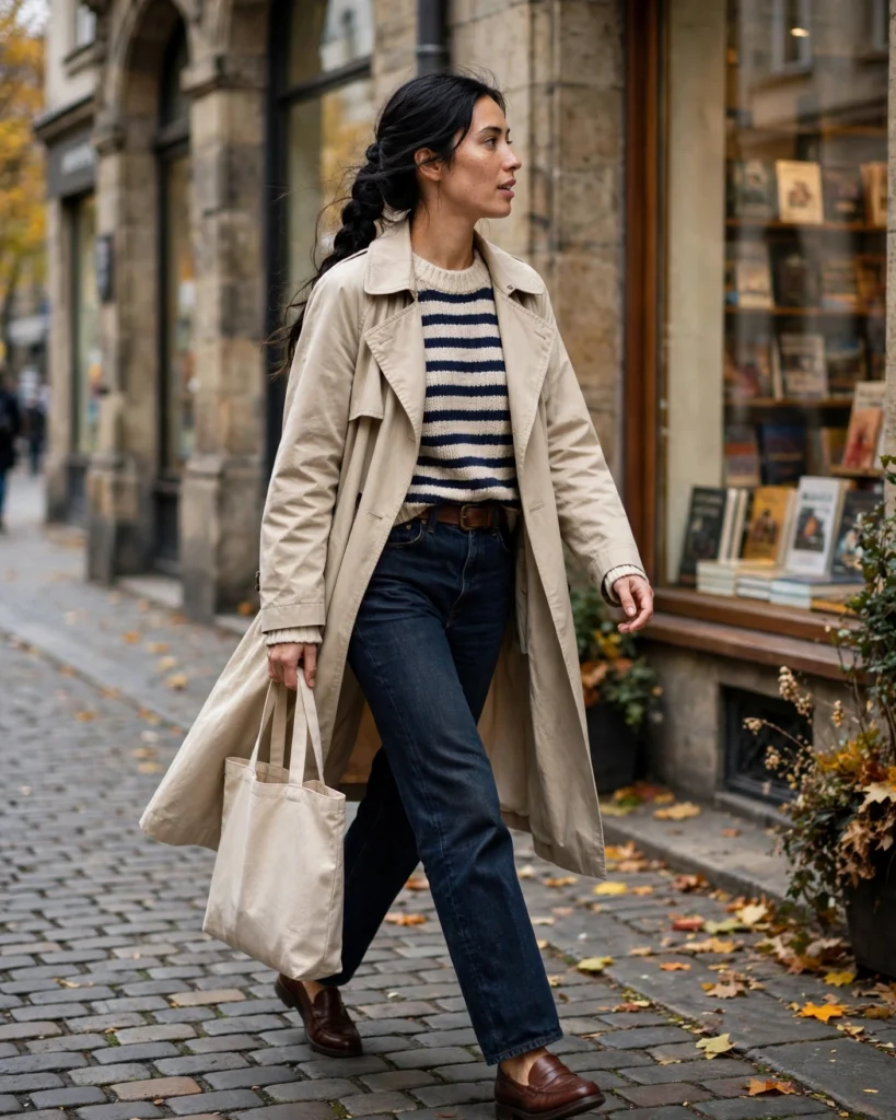 Trench Coat with a Striped Sweater Fall Coat Outfit
